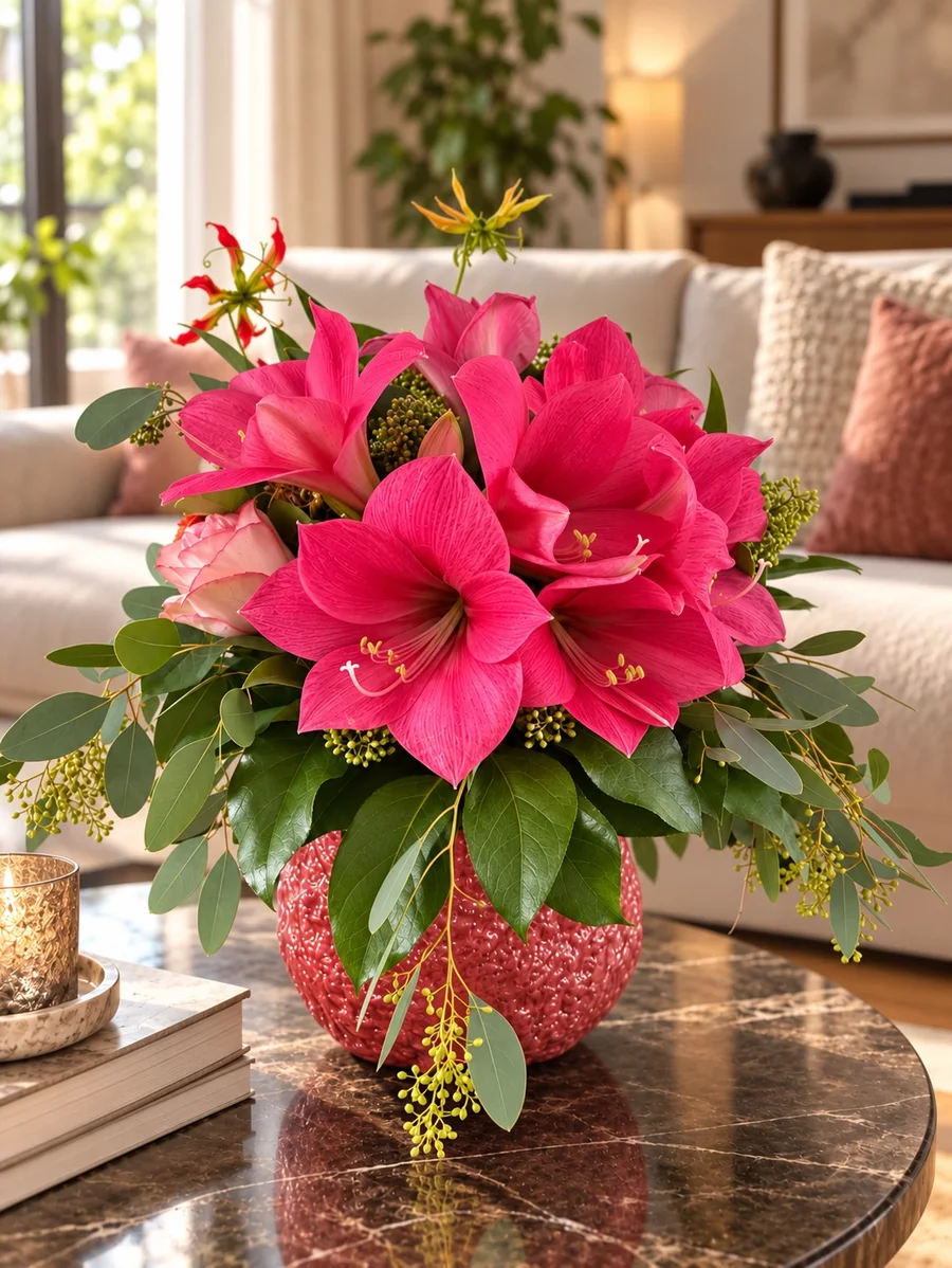 Rosa Amaryllis-Strauß mit Knospen in einer roten Vase — Pretty in Pink Schnittblume von Park Amaryllis